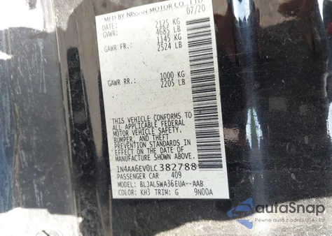 2020 Nissan Maxima Sr Xtronic Cvt z USA, uszkodzony, nr VIN 1N4AA6EV0LC382788